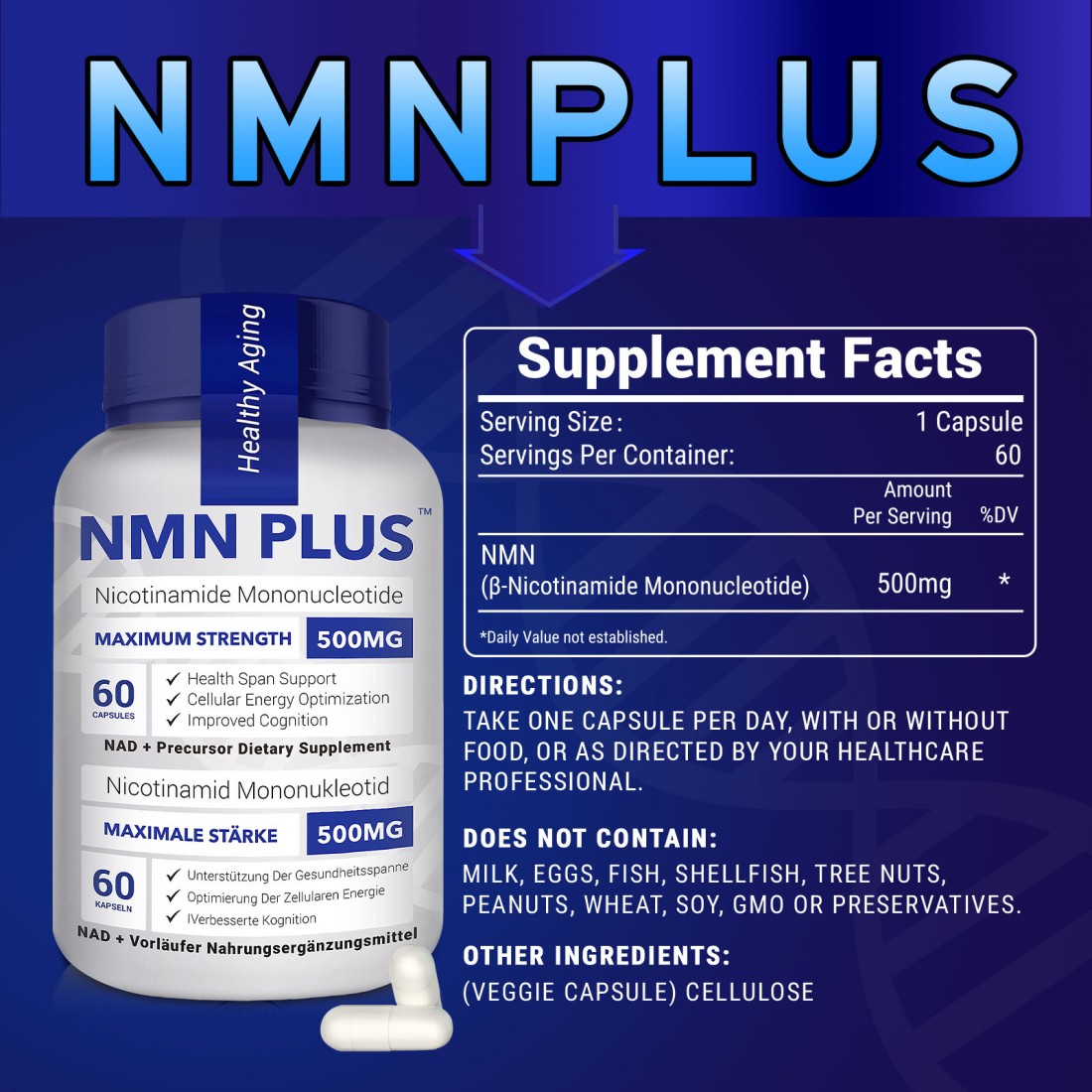 NMN PLUS Maximum Strength NMN Capsules, 500mg, NAD+ Levels , 60 ...