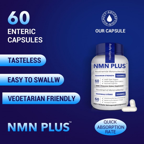 NMN PLUS Maximum Strength NMN Capsules, 500mg, NAD+ Levels , 60 ...